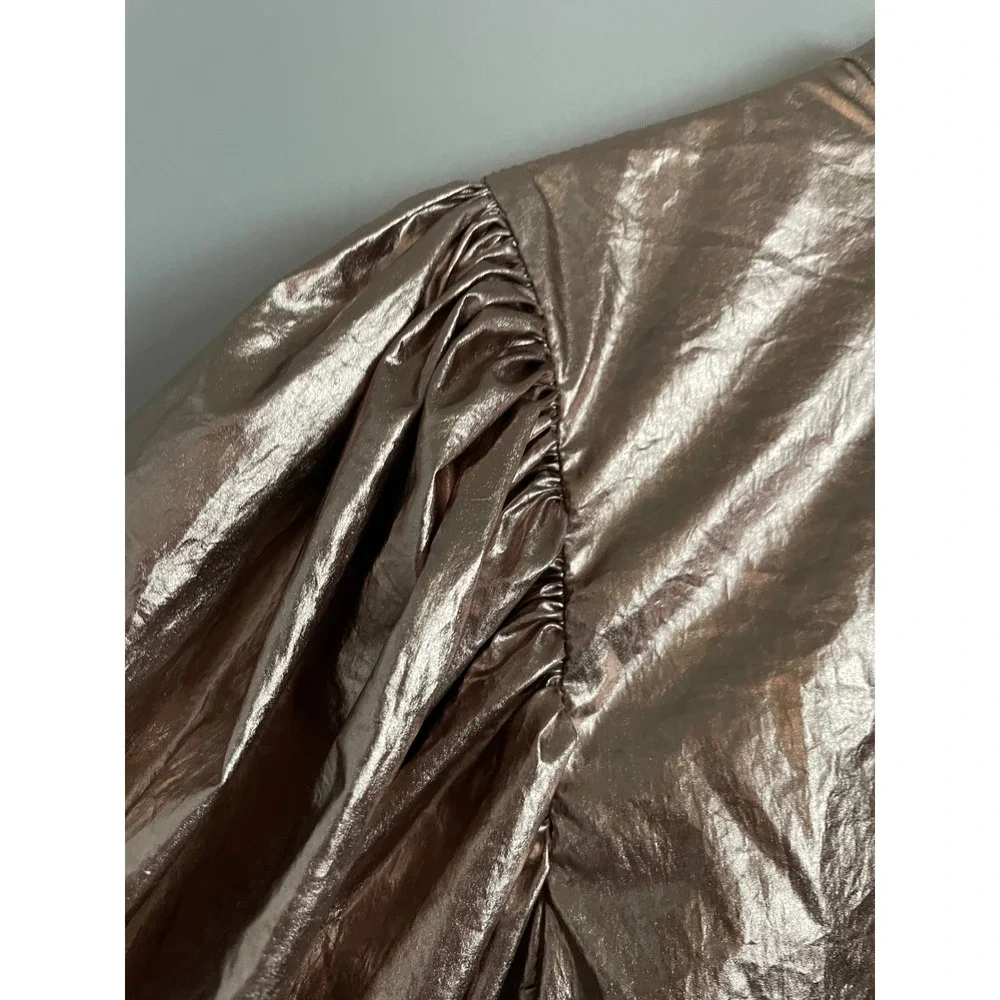 Farm Rio Metallic Blouse Womens S Bronze Rose Gold Puff Sleeve Glam Party Top